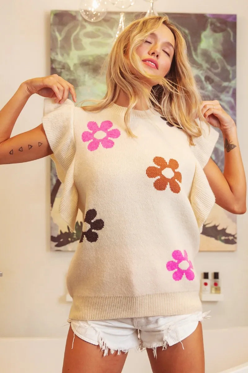 Floral Print Ruffled Sleeve Knit Top, view 7