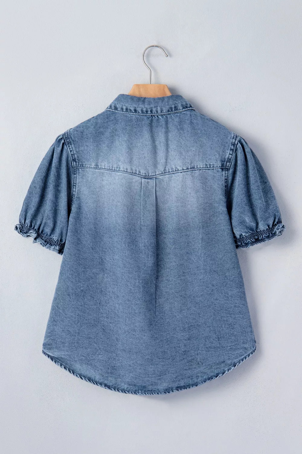 Medium wash frilled snap button denim shirt detail view