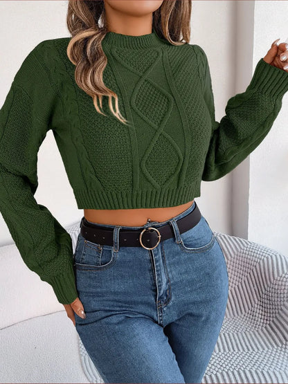Cable-Knit Round Neck Cropped Sweater - Fashorio