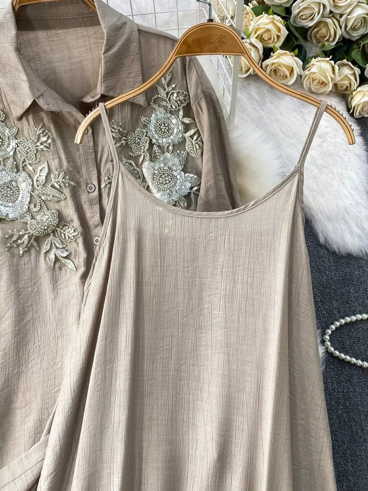 Sequin Flower Button Up Shirt and Cami Dress Set, view 9