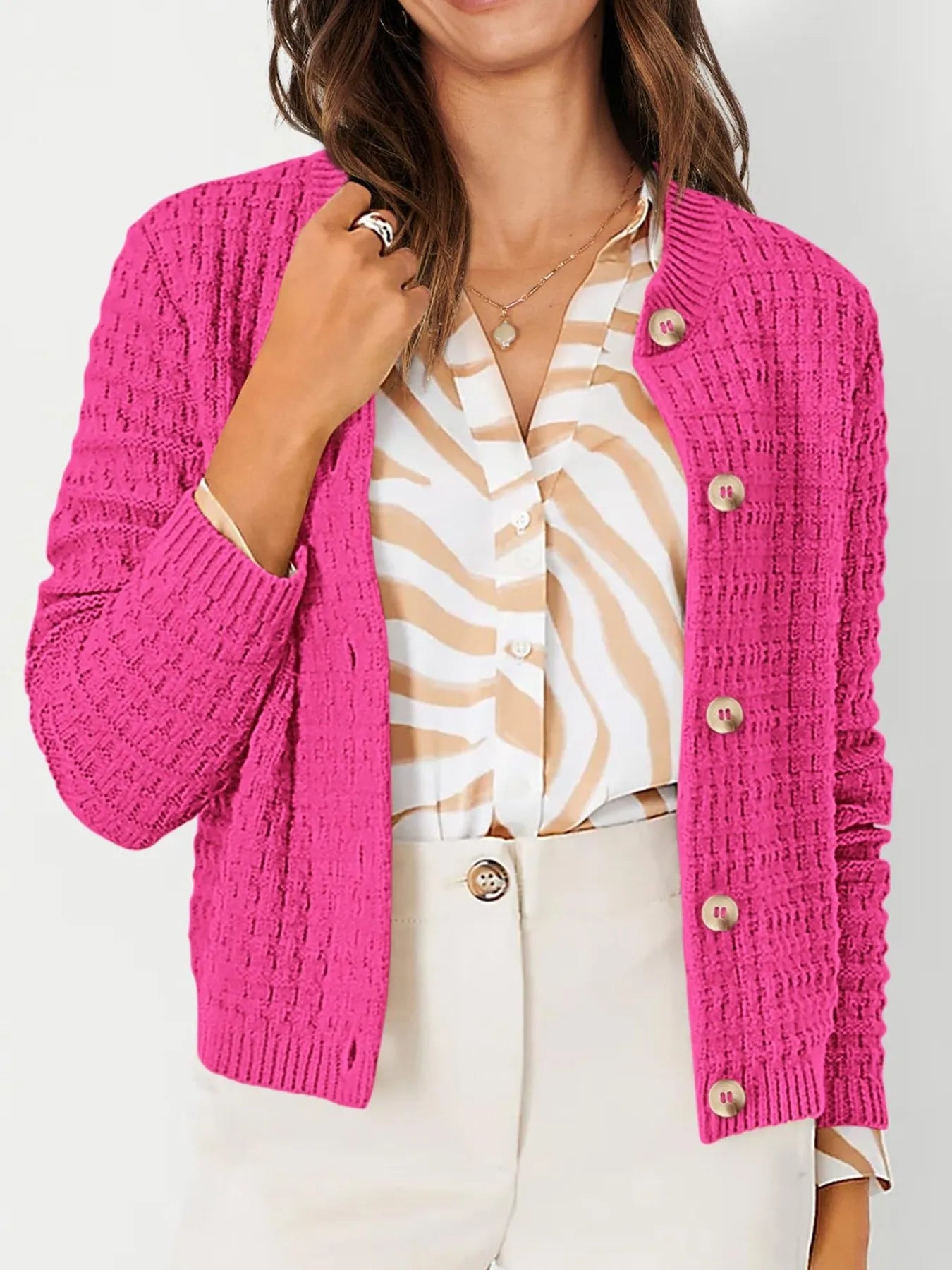 Textured Knit Button-Front Cardigan Rose Red - Fashorio