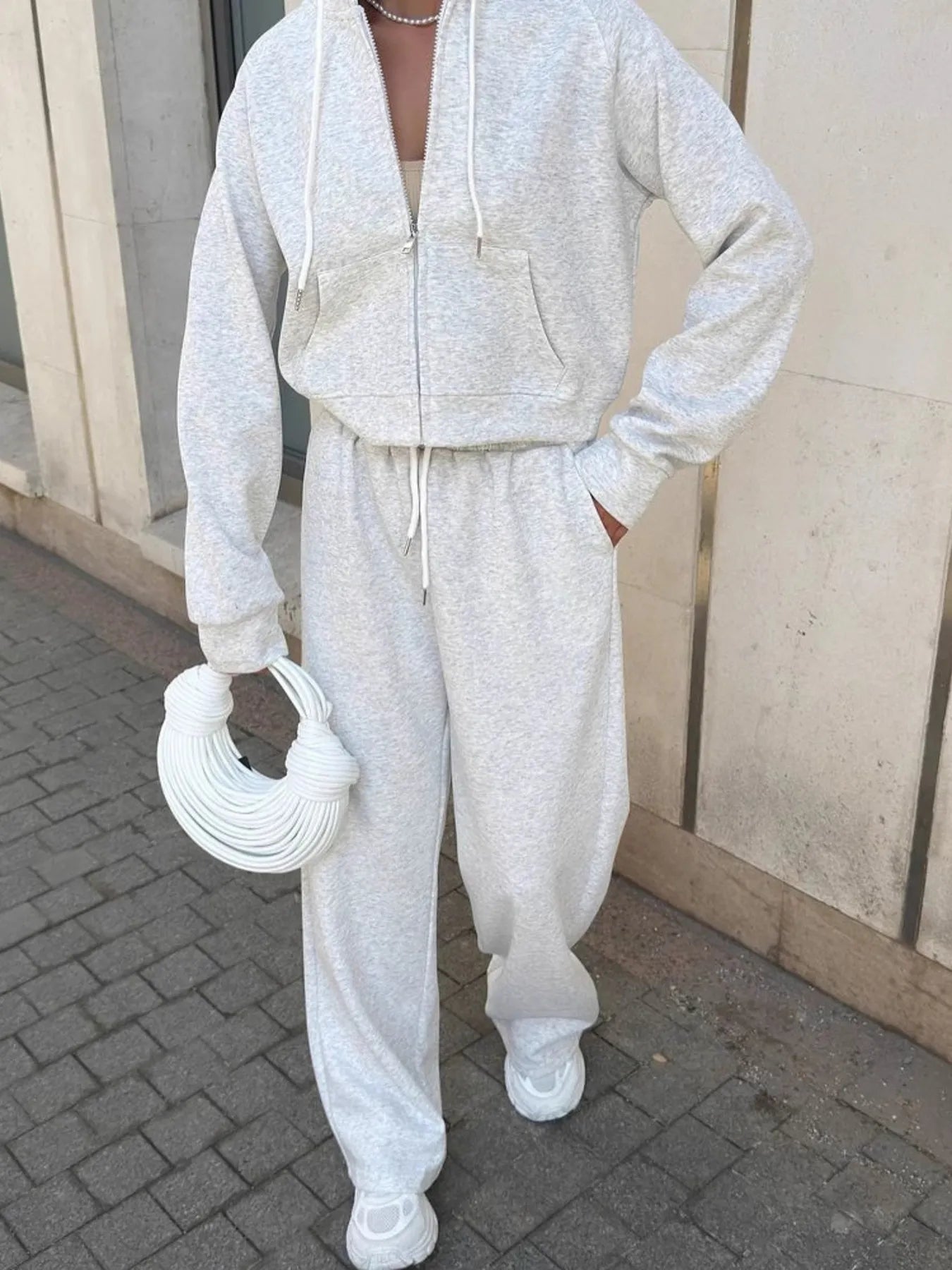 Zip Up Drawstring Hoodie and Pants Set - Fashorio