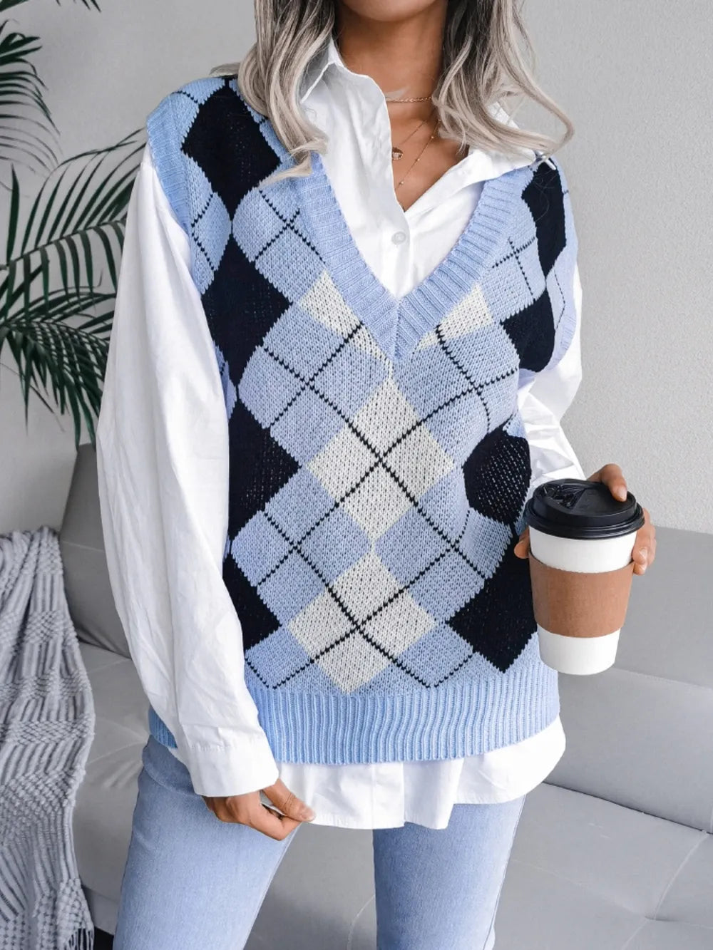 Plaid V Neck Sweater Vest in Khaki view 11