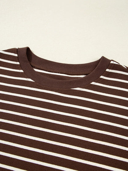 Stripe Cropped Crew Neck Long Sleeve T Shirt - Fashorio
