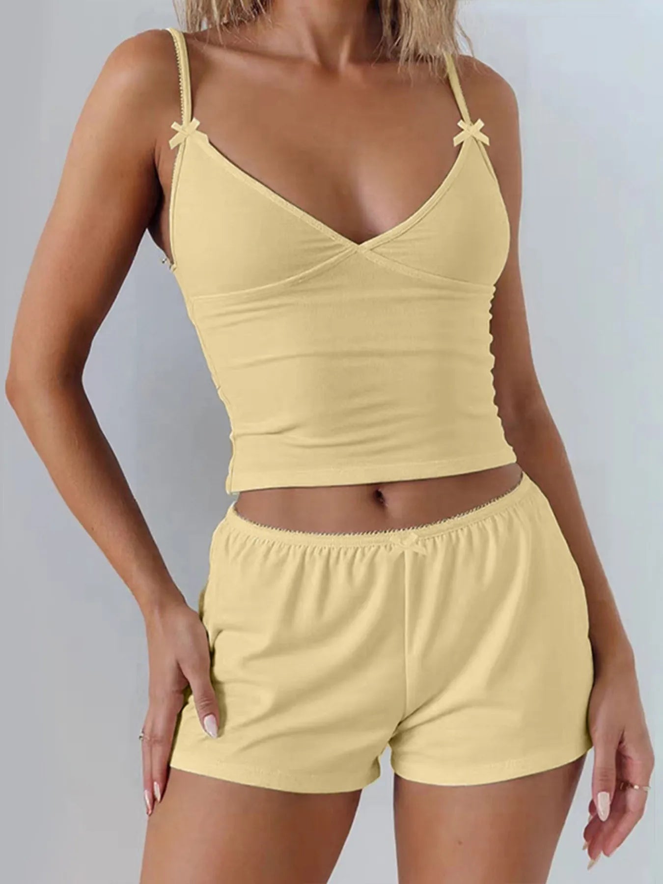 V-Neck Cami and Shorts Set Yellow - Fashorio