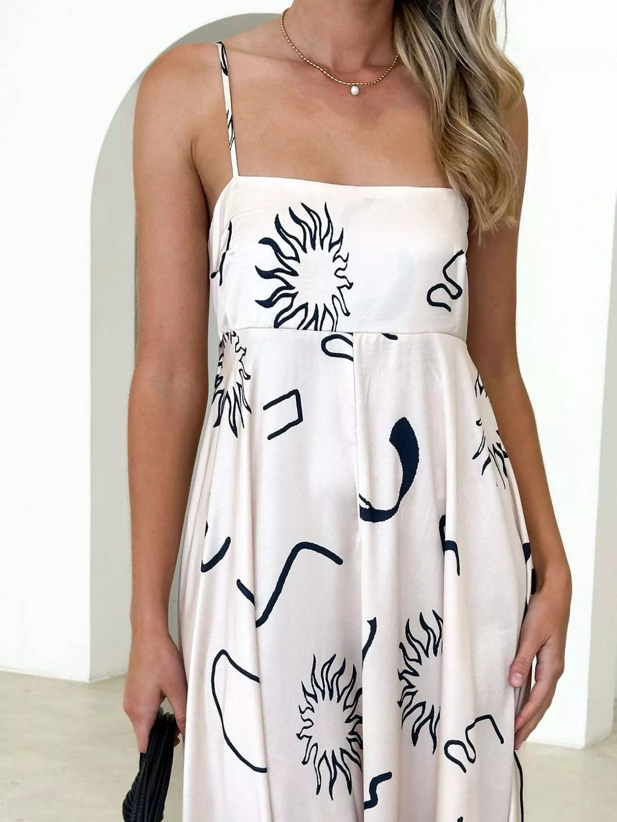 printed spaghetti strap maxi dress fabric detail