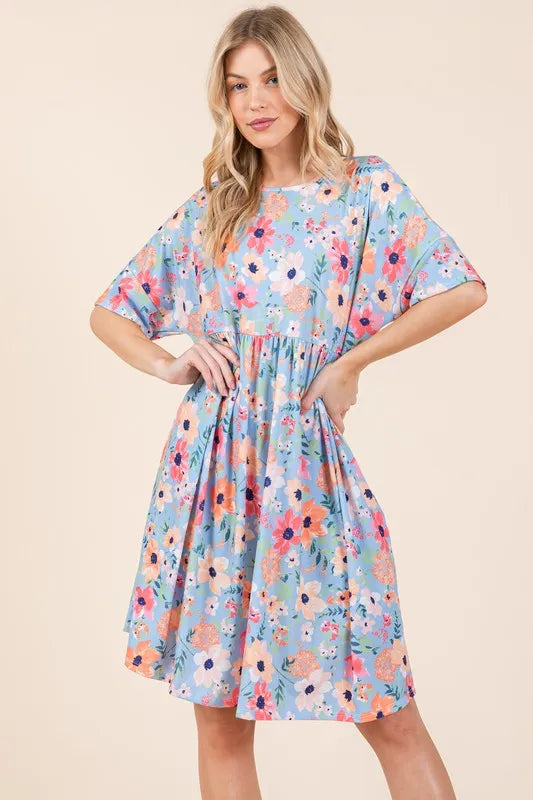 Floral Shirred Dress with Pockets detail