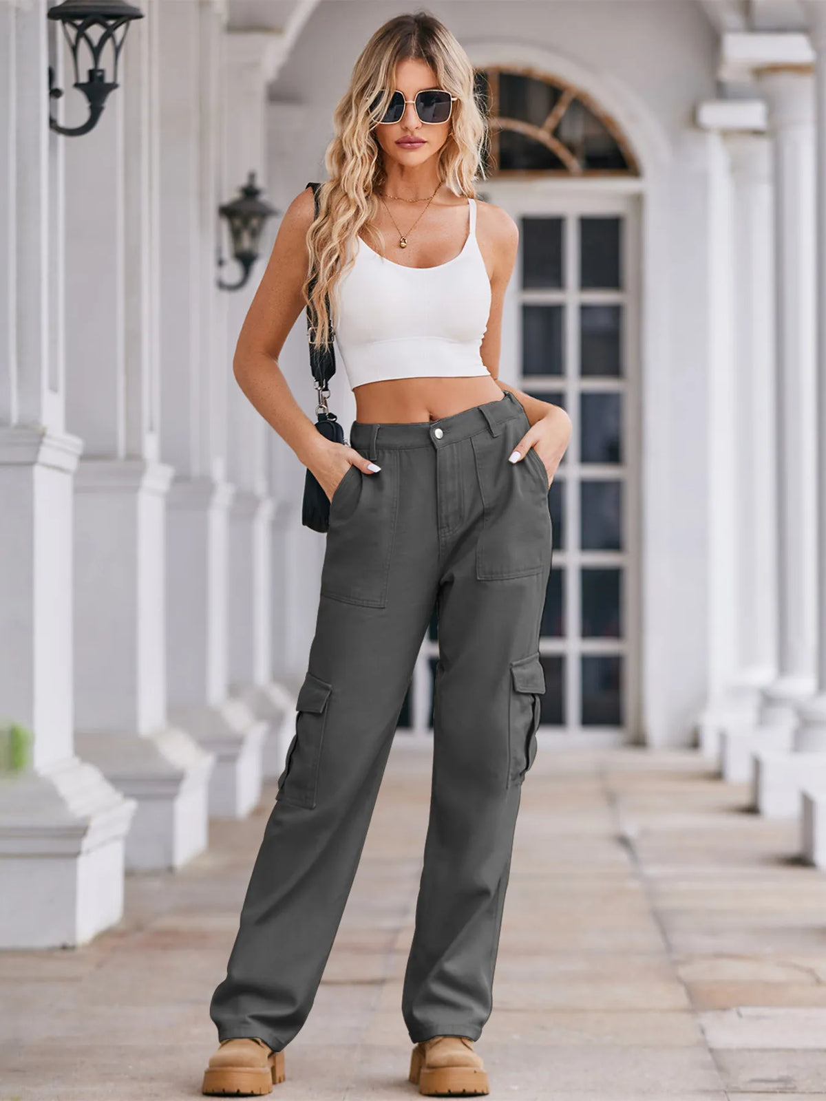 High waist cargo jeans styled with top