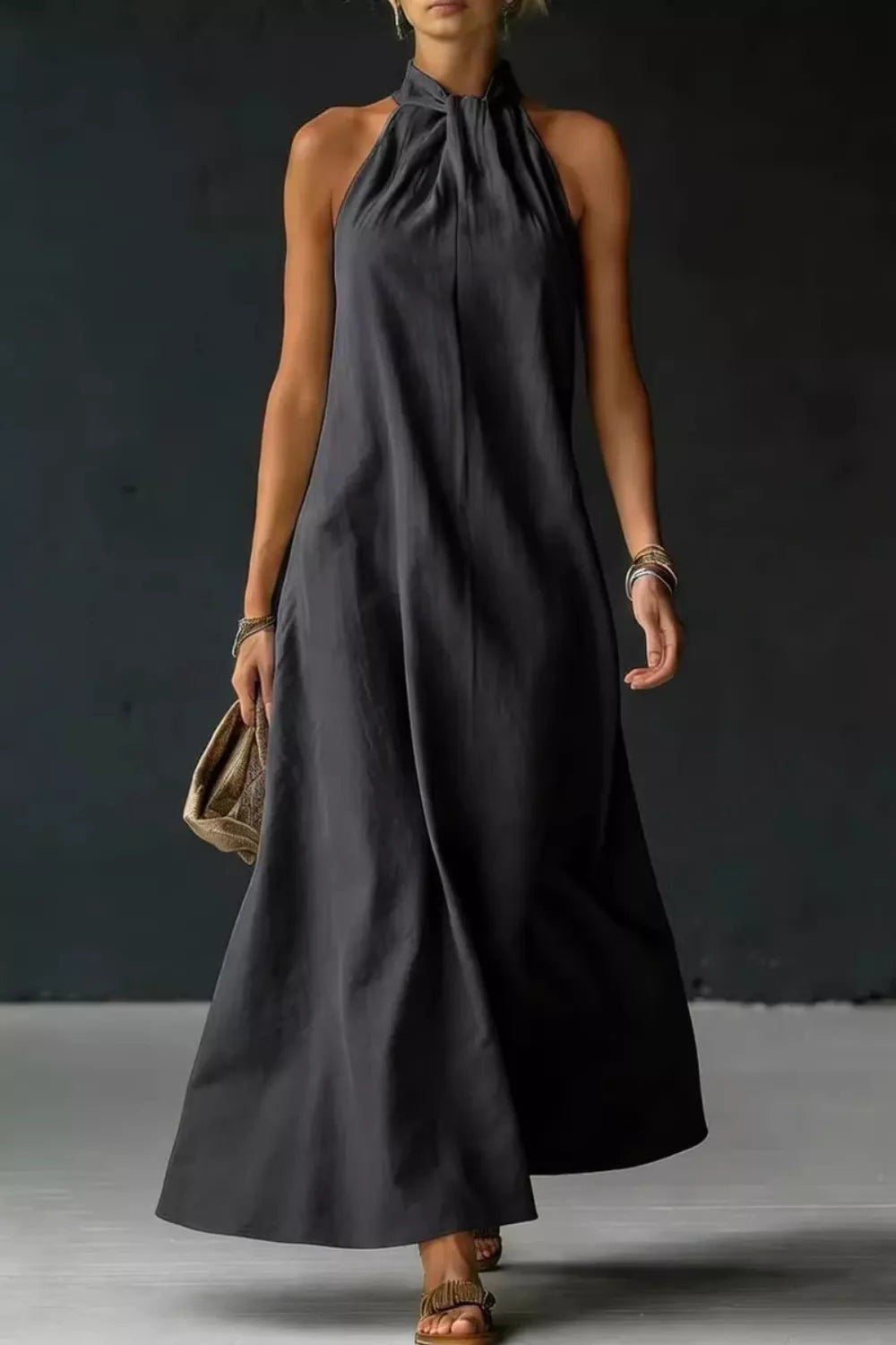 Halter neck sleeveless maxi dress with side slit hem detail