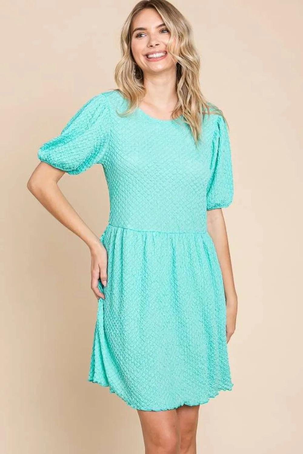 Textured Puff Sleeve Dress in Mint