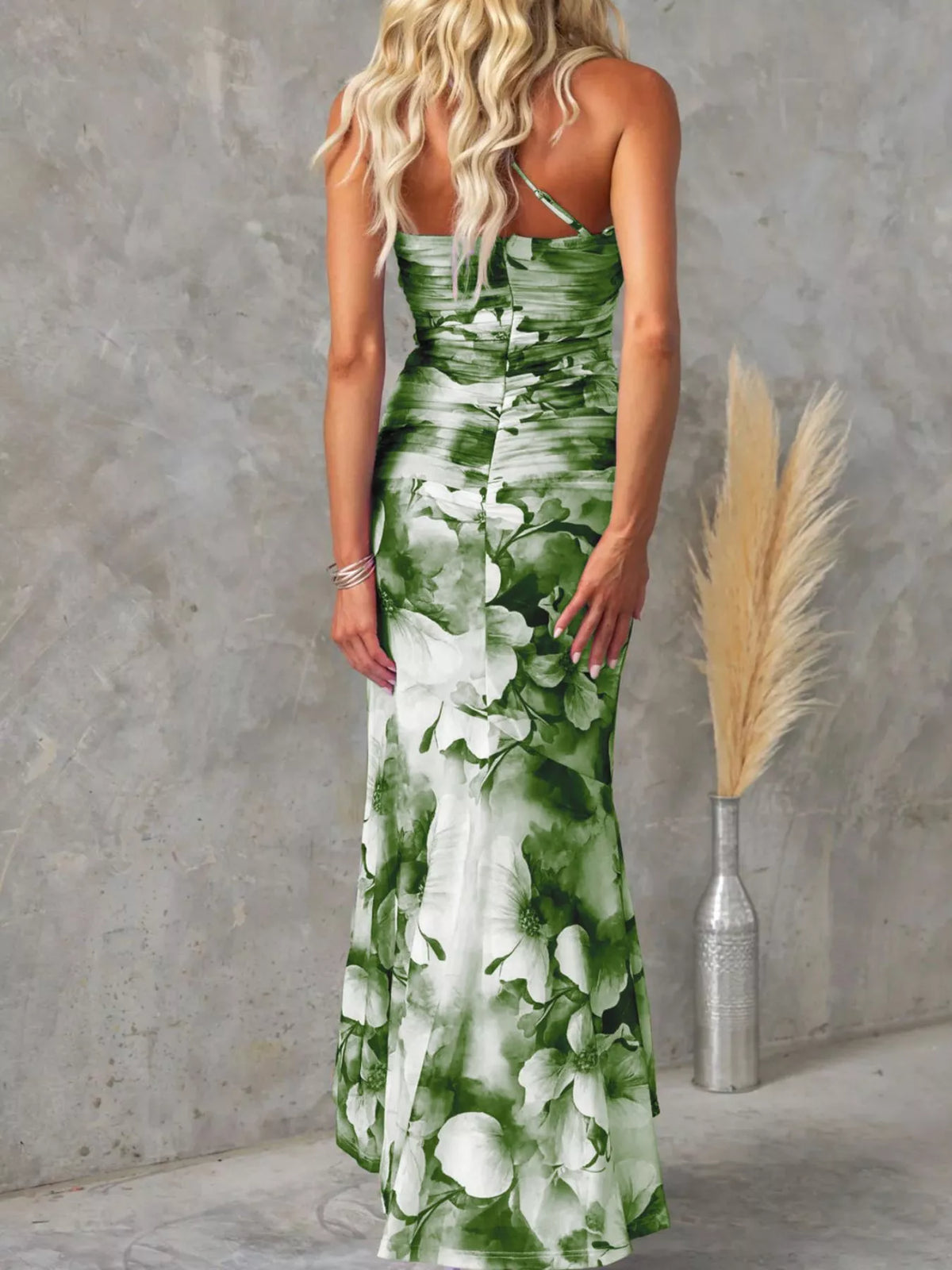 floral one shoulder ruched maxi dress back view
