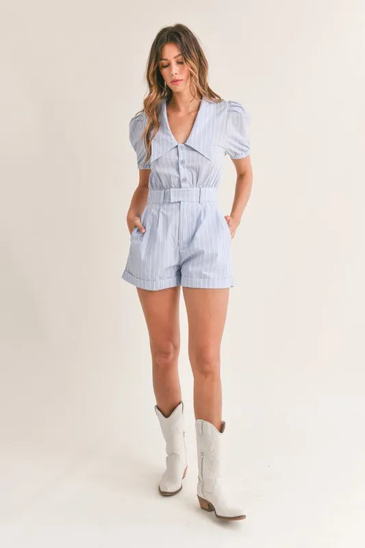 Striped Puff Sleeve Collared Neck Romper view 7