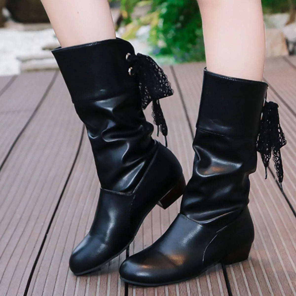 Round Toe Block Heel Boots styled on model