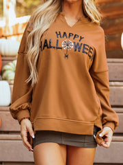 Happy Halloween Graphic Notched Long Sleeve Loose Top Terracotta - Fashorio