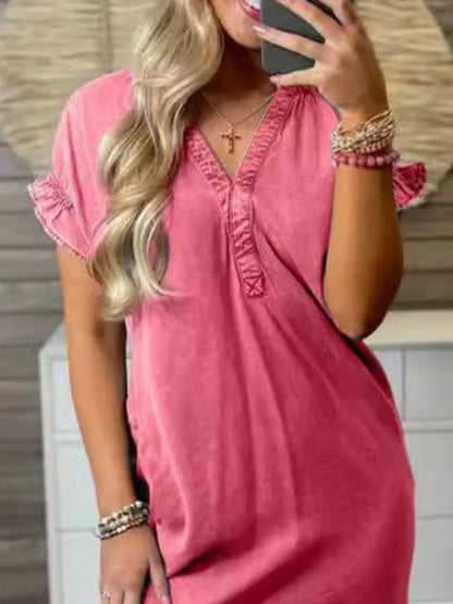Full Size V-Neck Short Sleeve Denim Dress Plus Size - Fashorio
