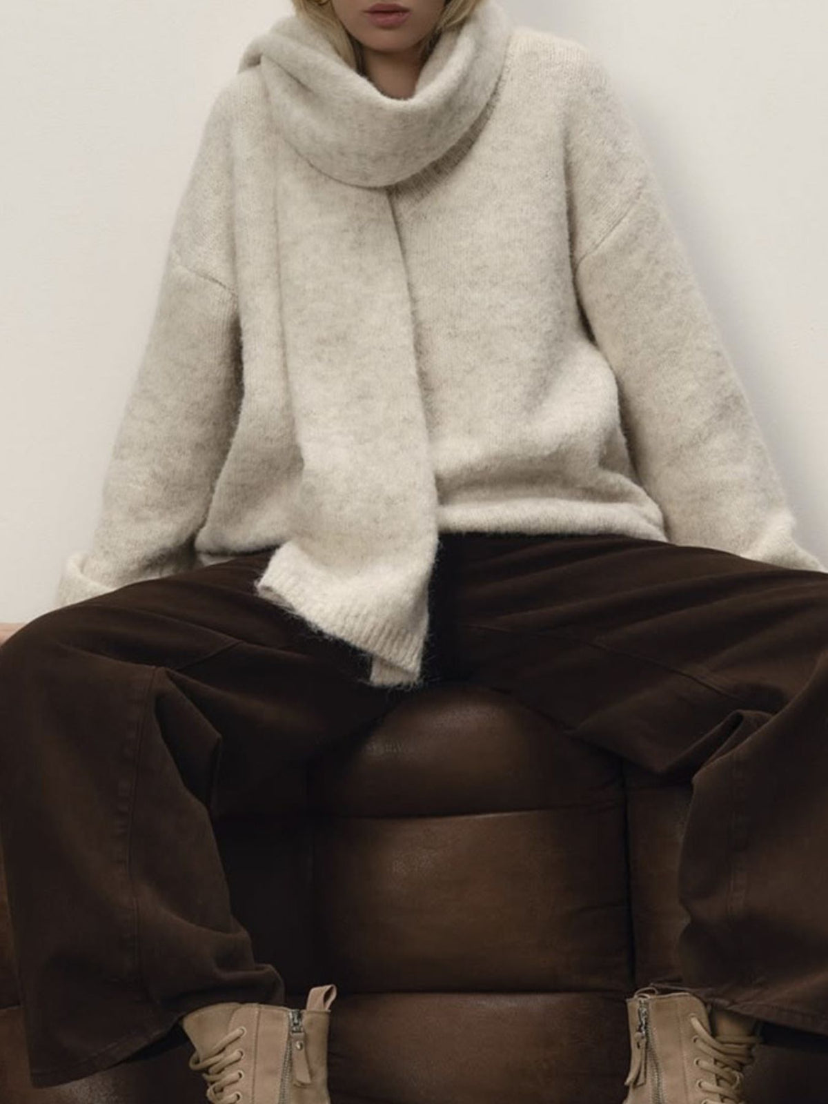 Green knit pullover sweater with scarf