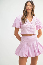 MABLE Puff Sleeve Button Down Top and Bubble Skirt Set Lavender - Fashorio