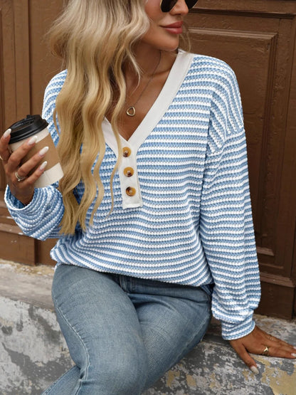 Striped V-Neck Button Front Casual Top - Fashorio