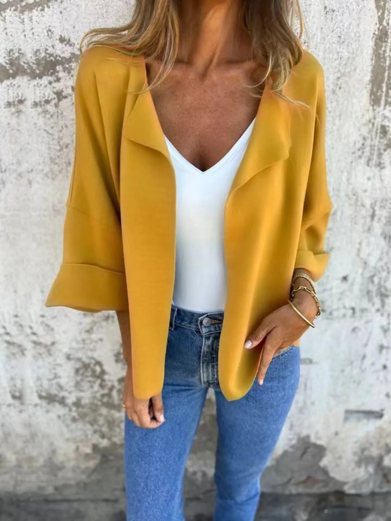 Full Size Open Front 3/4 Sleeve Cardigan Plus Size Yellow - Fashorio