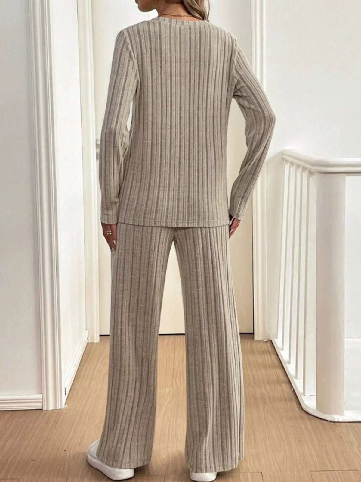 Ribbed Knit Button Front Top and Pants Set Plus Size, view 9