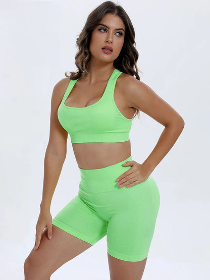 Scoop Neck Wide Strap Top and Shorts Active Set Neon Green - Fashorio