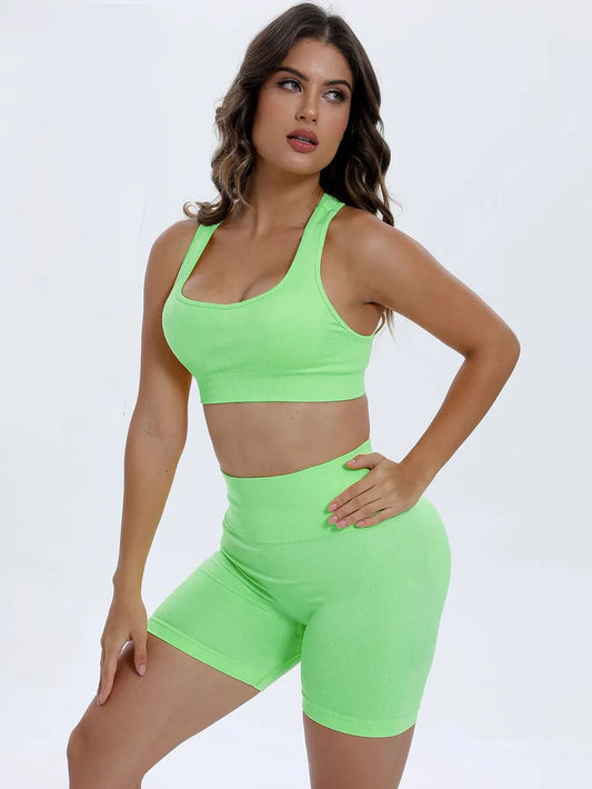 Scoop Neck Wide Strap Top and Shorts Active Set Neon Green - Fashorio