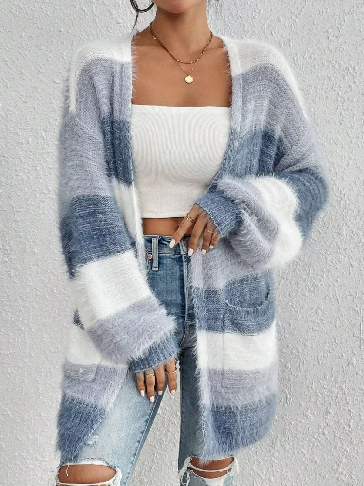 Striped fuzzy open front cardigan knit texture close up