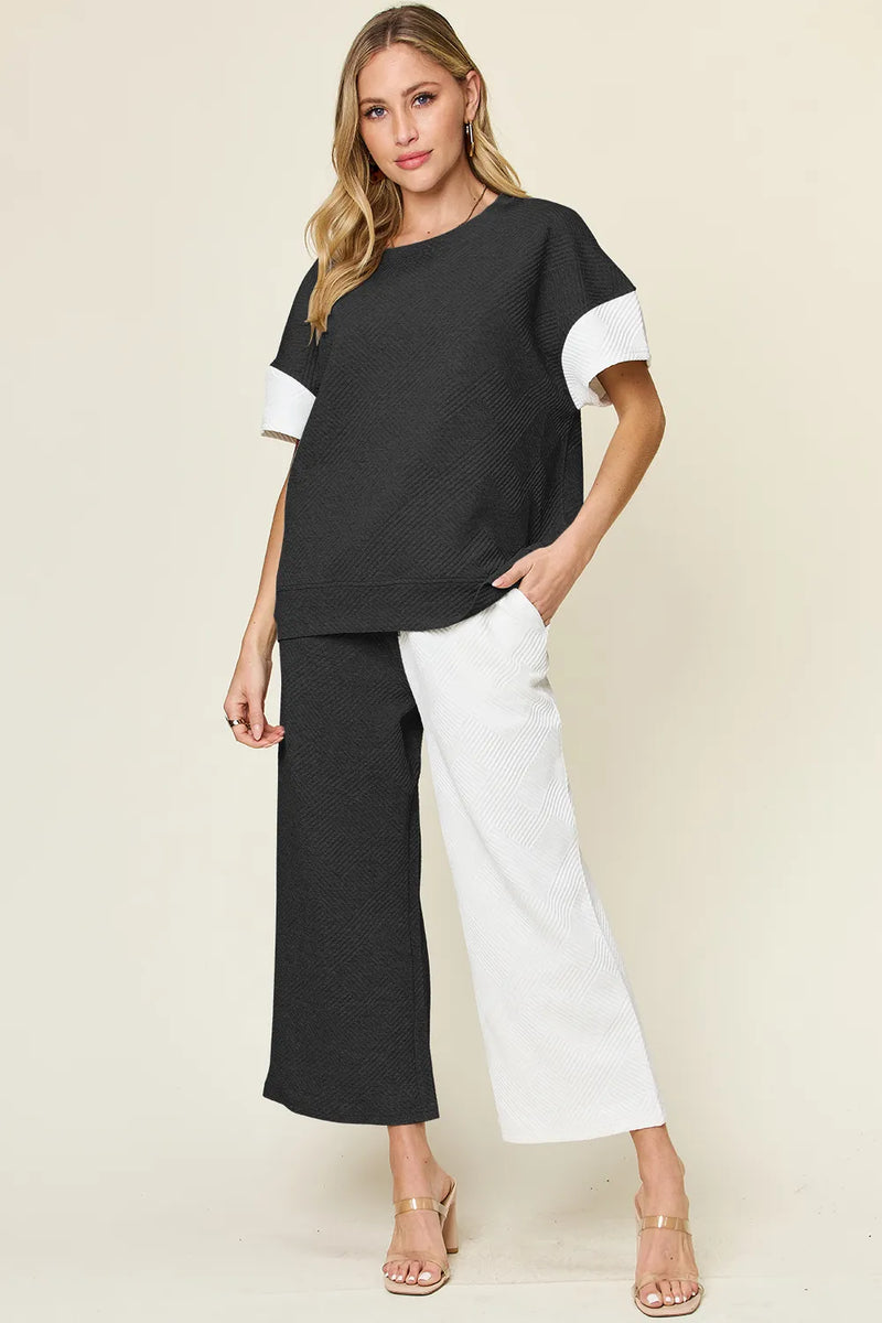 Texture contrast tee and wide leg pants set full outfit view