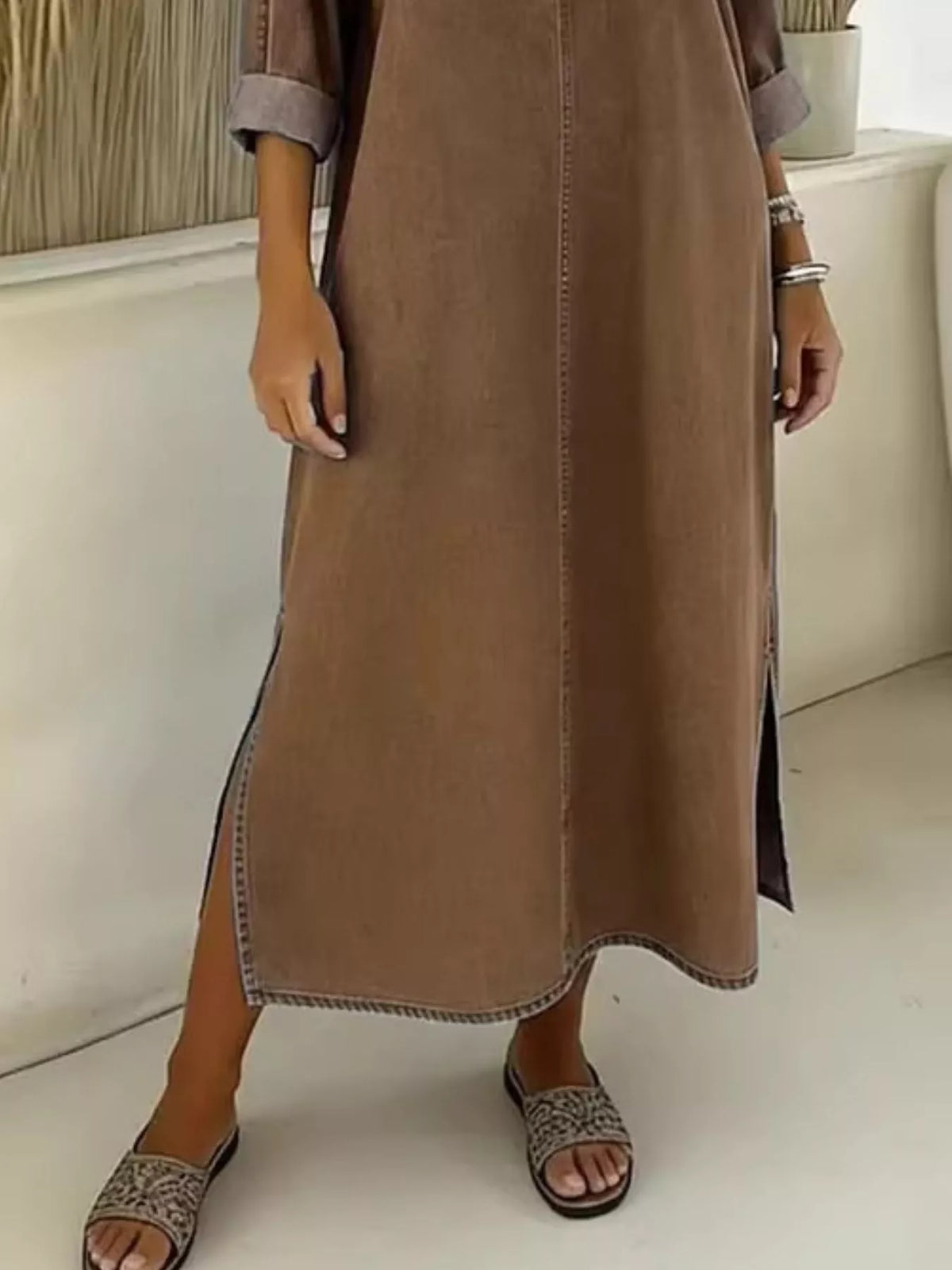 Side slit V neck long sleeve midi dress close up view