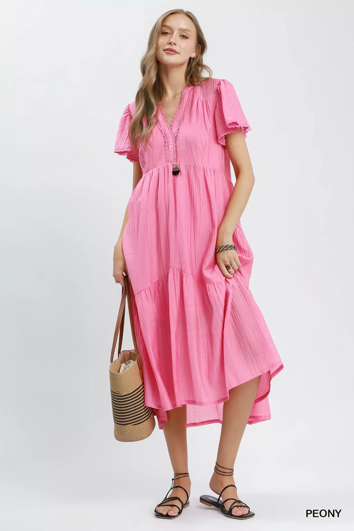 Peony pink tiered midi dress lace trim detail view