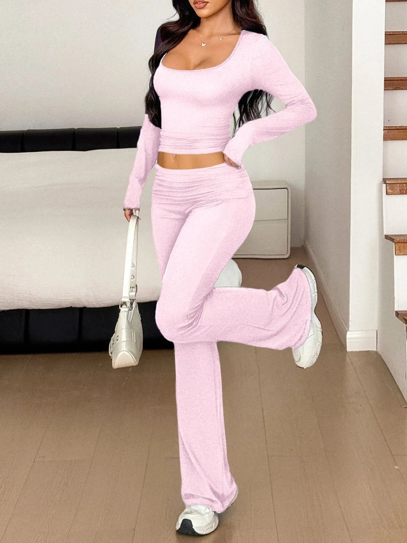Long Sleeve Crop Top and Bootcut Pants Set Blush Pink - Fashorio