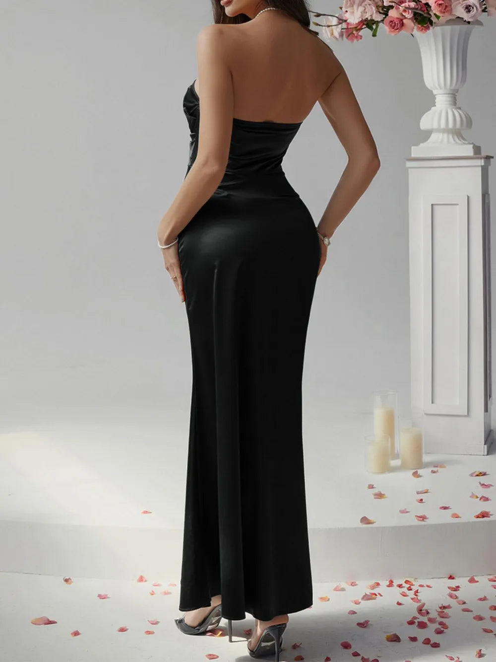 Ruched strapless tube maxi dress, editorial pose