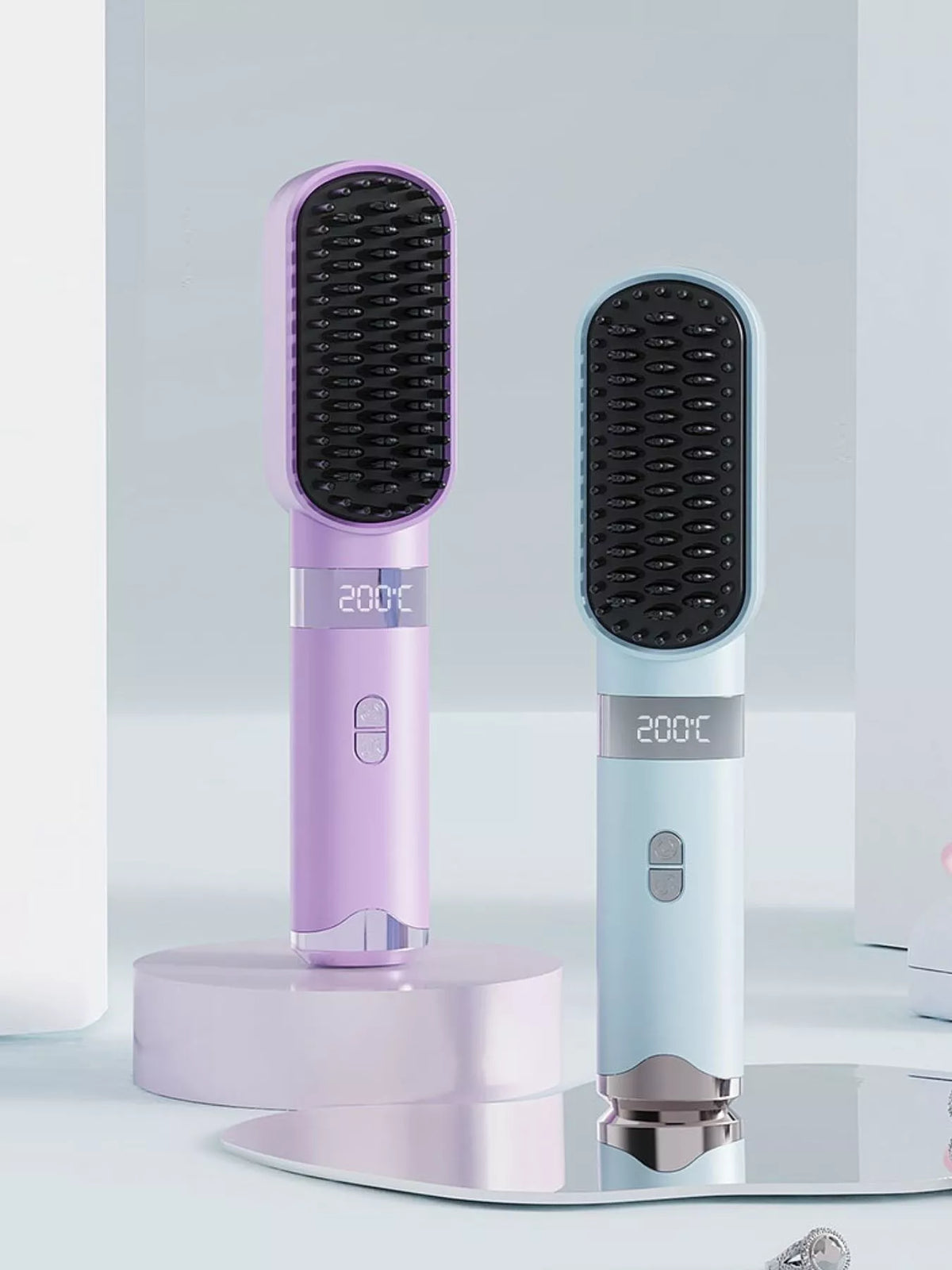 Straightening brush heated bristles close up