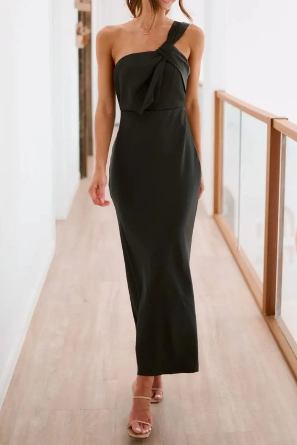 Black single shoulder maxi dress side view