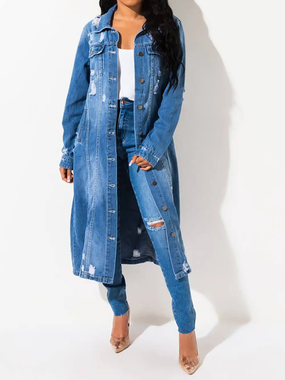 Long Sleeve Raw Hem Denim Jacket Medium - Fashorio