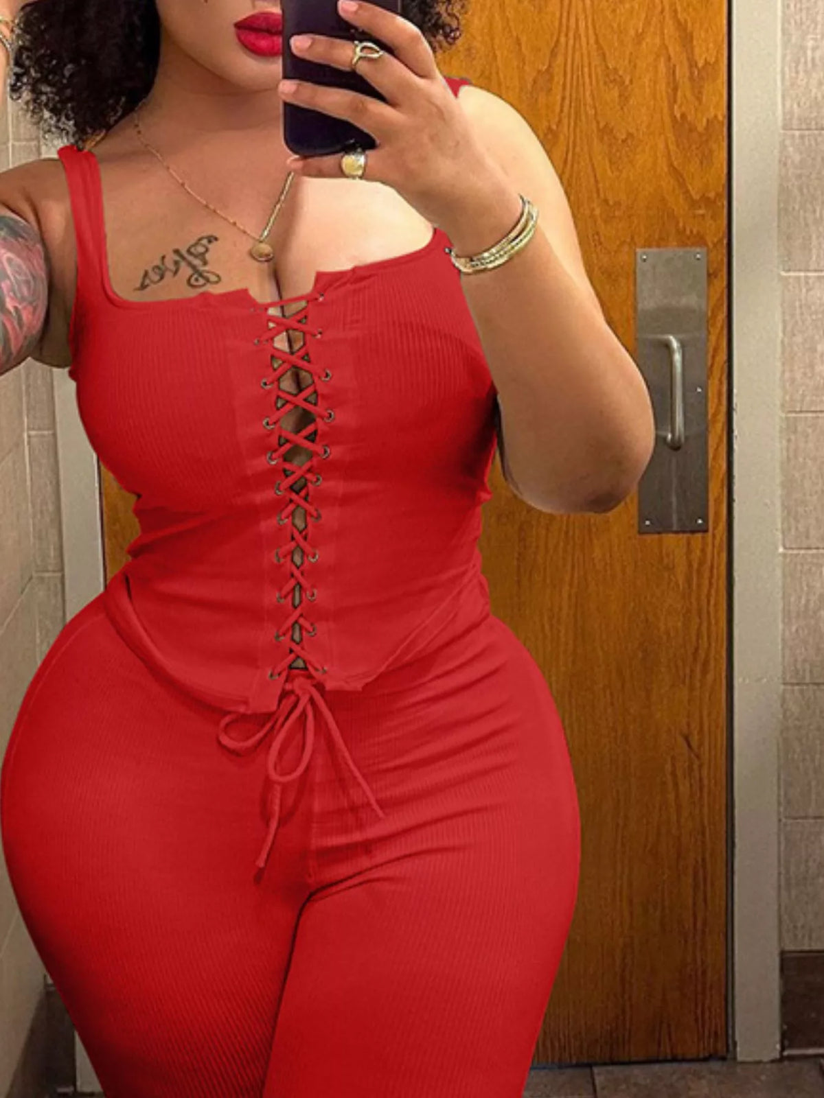 Lace Up Tank and Capri Set in Taupe and Scarlet, view 7