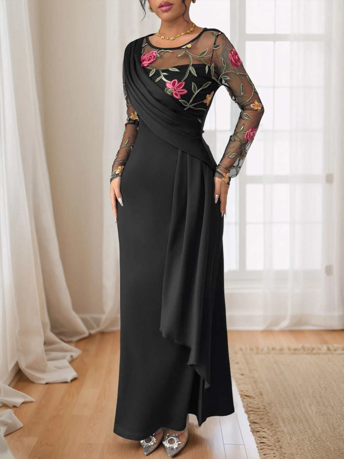Black floral embroidered mesh sleeve ruched maxi dress detail view