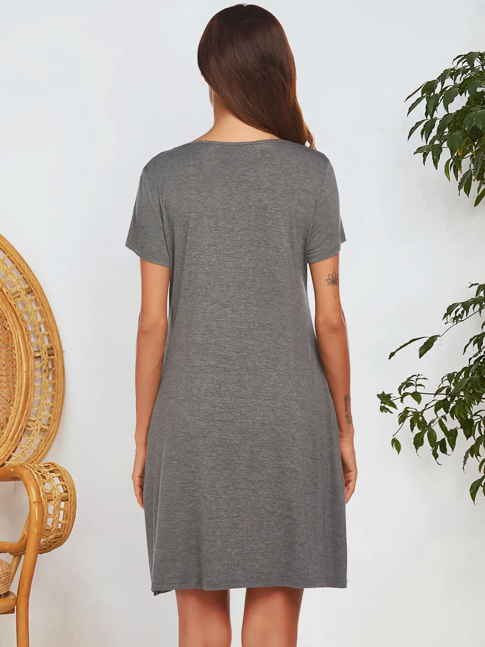 Notched Short Sleeve Mini Lounge Dress - Fashorio