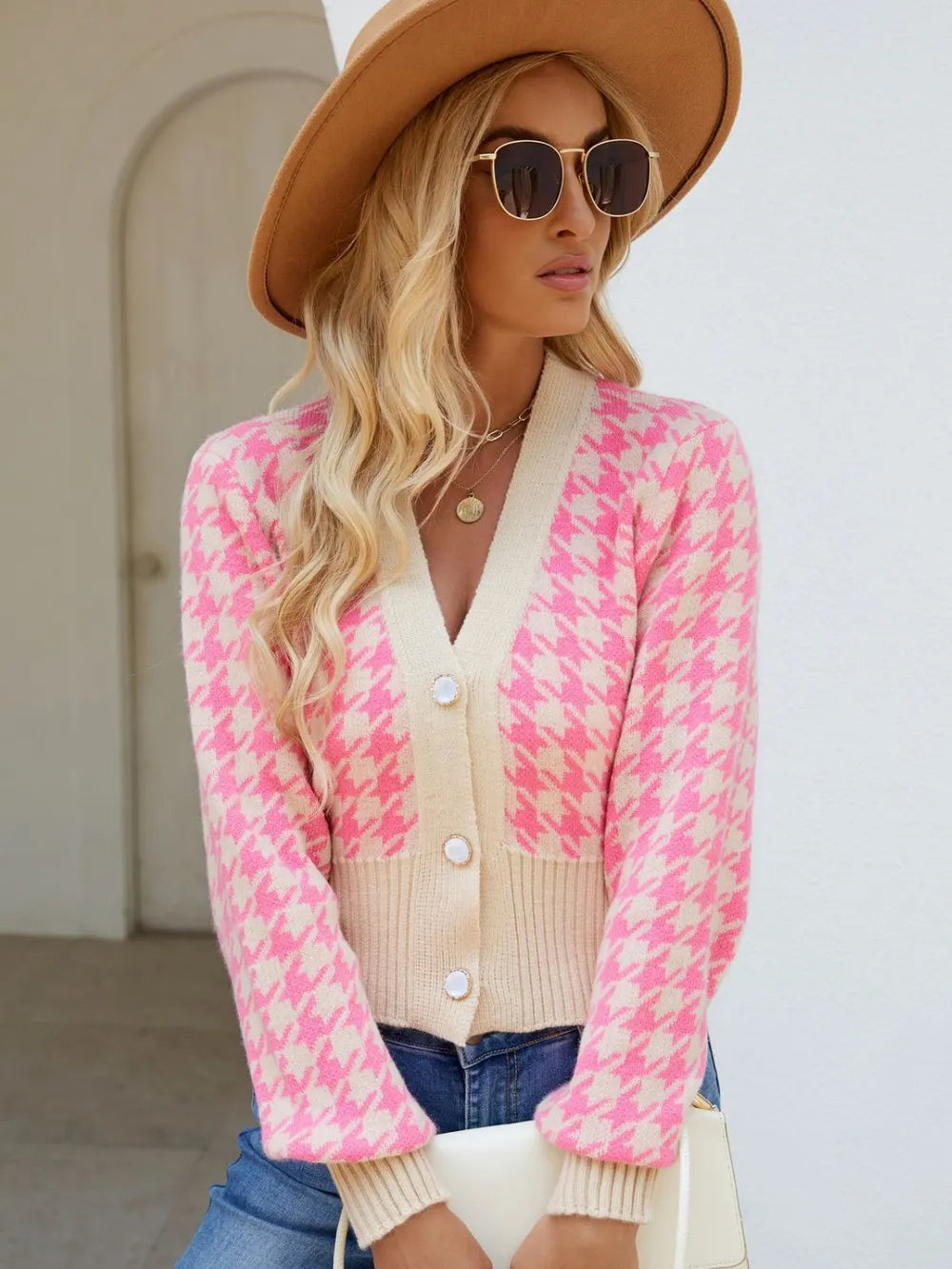 Houndstooth Button Up Long Sleeve Cardigan Pink One Size - Fashorio