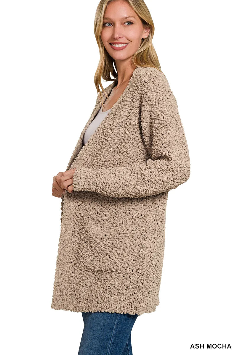 Zenana Long Sleeve Popcorn Sweater Cardigan with Pockets - Fashorio