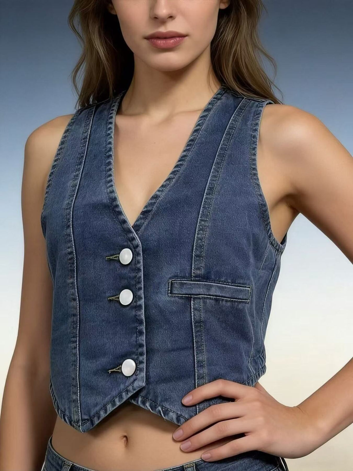 Button Down Denim Vest in Dark Blue back view