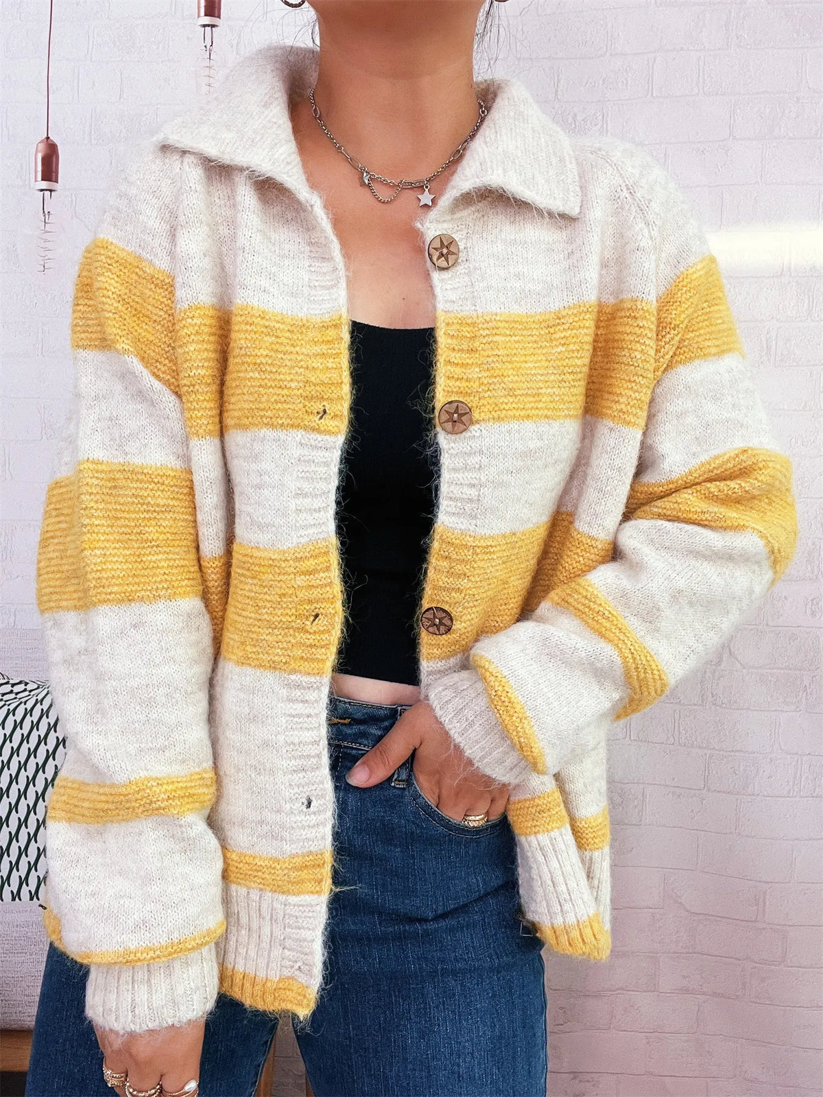 striped cardigan neckline detail