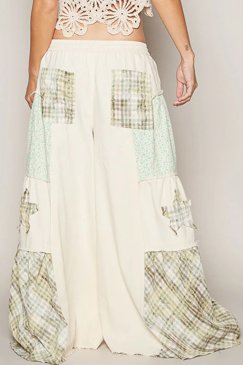 POL Drawstring Star Patch Contrast Wide Leg Pants - Fashorio