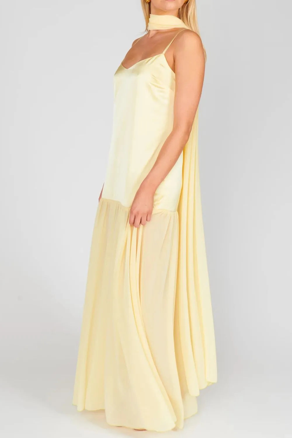 Adjustable strap maxi cami dress with matching scarf, detail of neckline