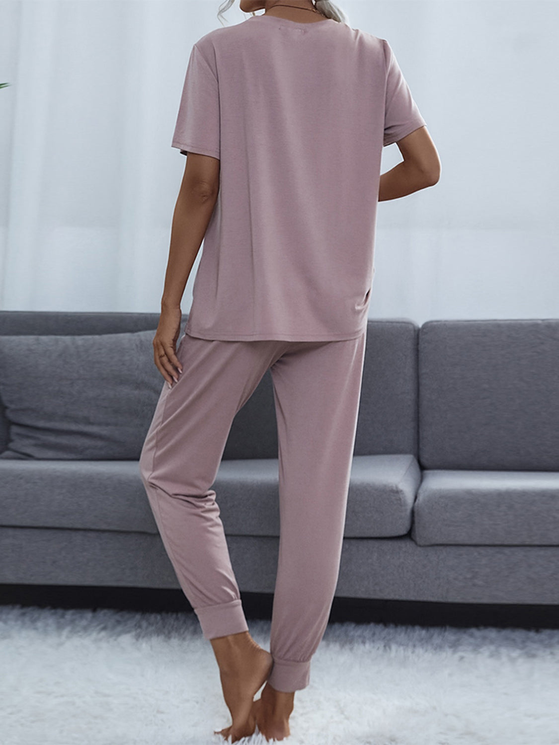 Shiny Round Neck Short Sleeve Top and Pants Set - Fashorio