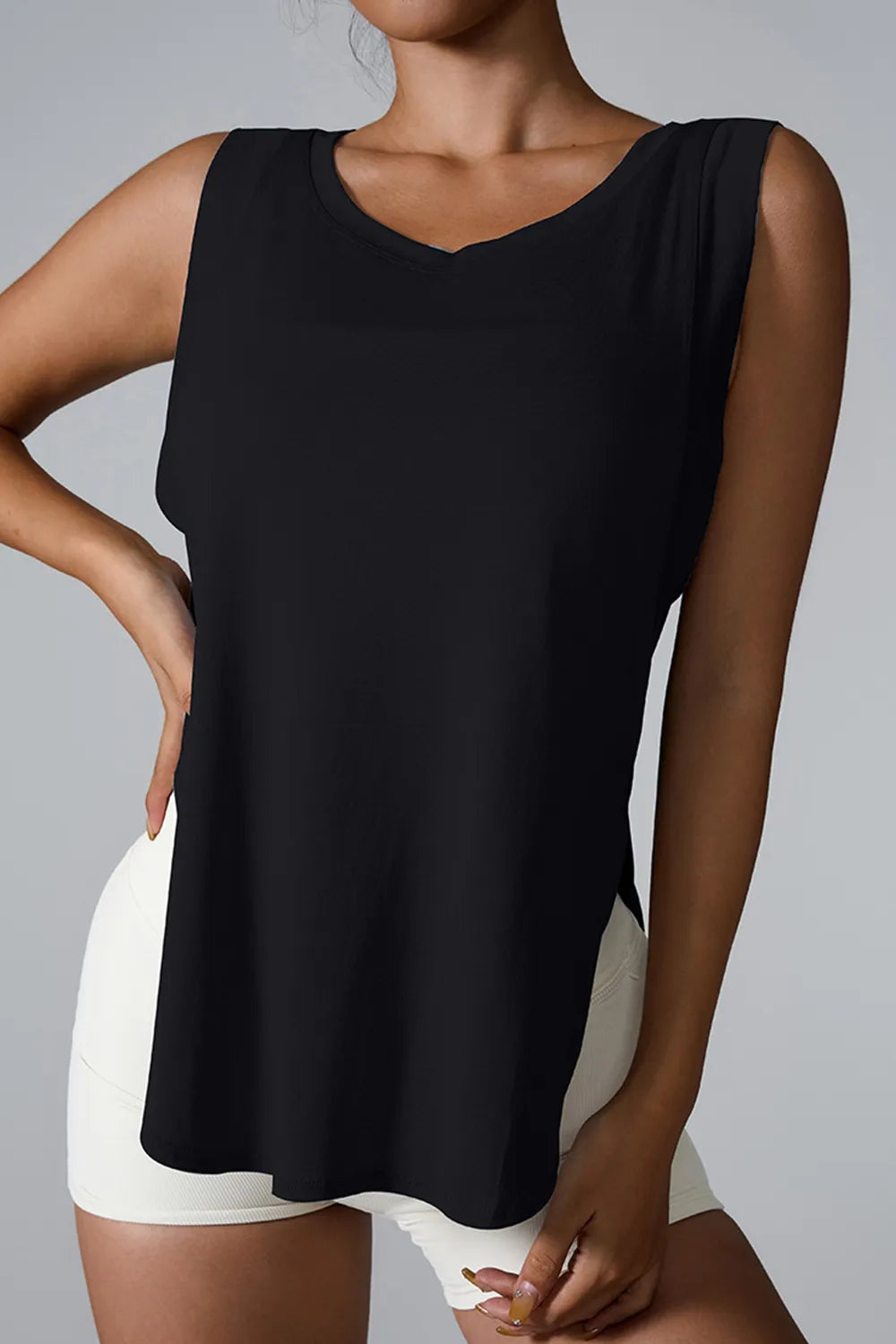slit round neck active tank detail of straps