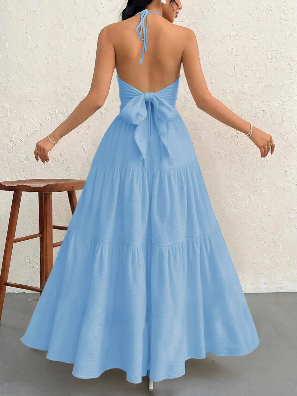 halter neck tiered backless maxi dress outdoor styling