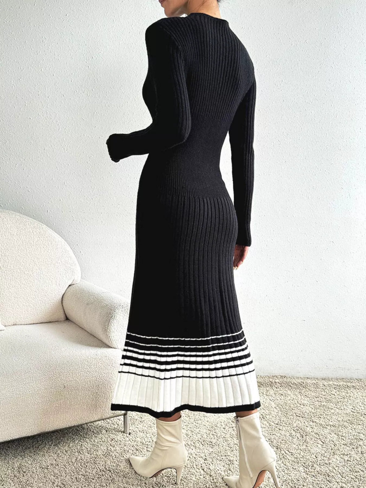 Ribbed knit sweater dress three quarter view