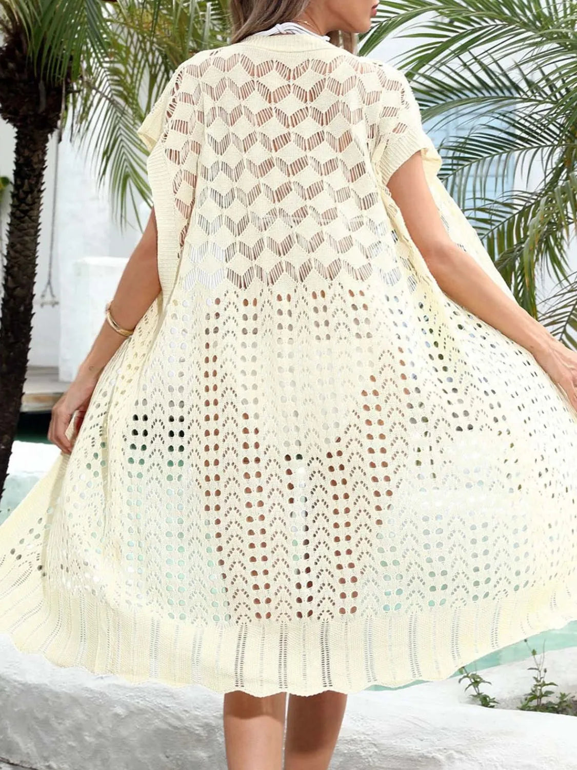 Open Front Short Sleeve Openwork Cover-Up - Fashorio