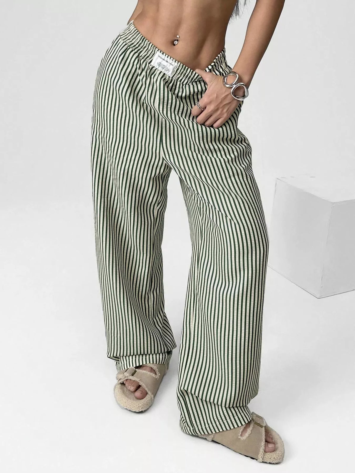 Striped high waist wide leg pants, three quarter view